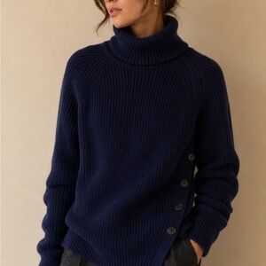 Boss Navy Ribbed Turtleneck Sweater with Side Buttons